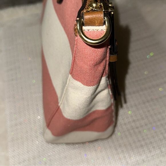 TH Ivory Coral Pink Brown Canvas Stripe Faux Leather Trim Medium Tote Handbag - Picture 4 of 15